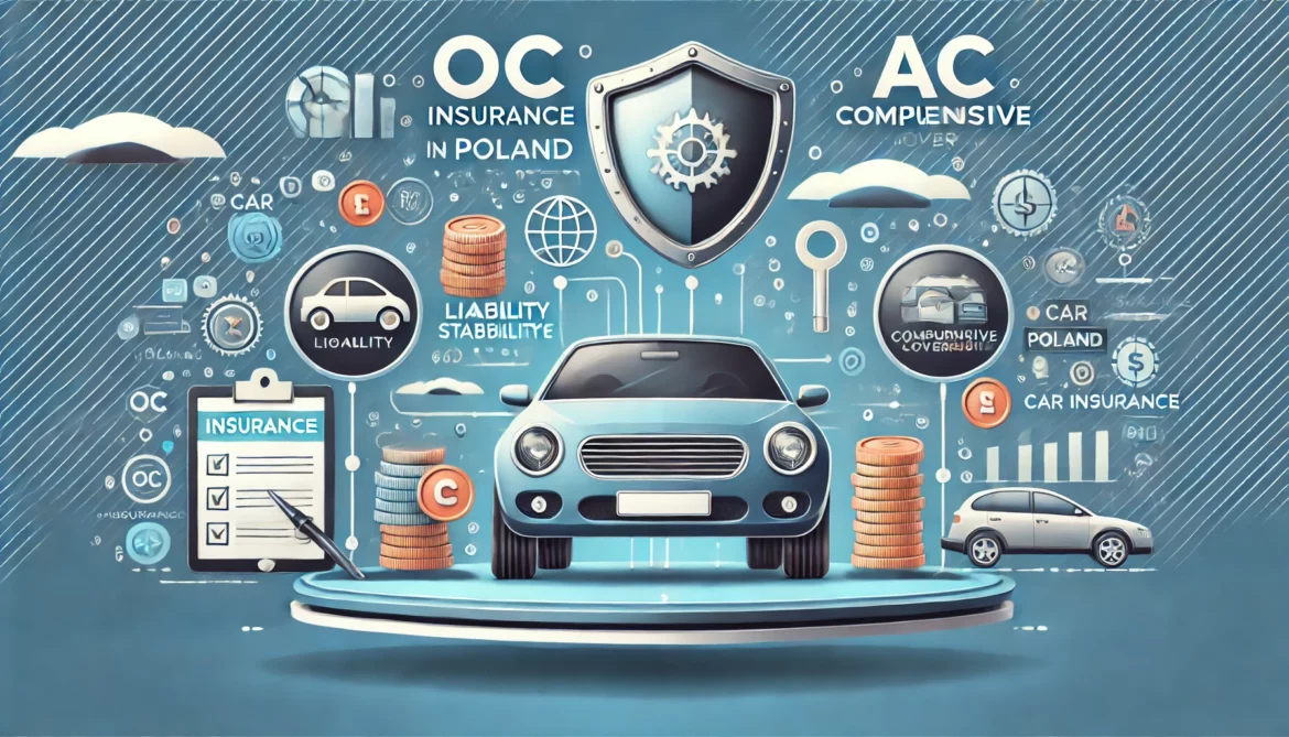 DALL·E 2024-11-25 13.06.31 – A horizontal, professional image showcasing car insurance in Poland, emphasizing both OC (liability) and AC (comprehensive) coverage. The scene featur Kompleksowe Ubezpieczenie Samochodu – Jak Wybrać OC i AC?