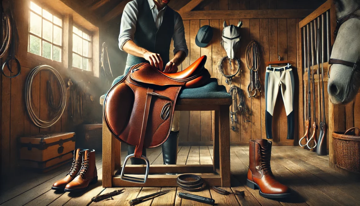 DALL·E 2024-11-26 16.21.30 – A detailed horizontal image of a saddle being checked for proper fit on a horse in a well-lit stable. A professional saddle fitter is adjusting the sa Co zrobić, jeśli siodło przestaje pasować do konia?