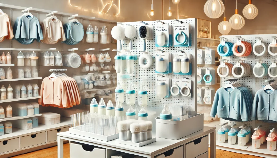 DALL·E 2024-12-02 17.19.16 – A neatly arranged and bright baby store interior showcasing accessories for feeding bottles. The display includes bottle brushes, sterilizers, drying Jakie akcesoria do butelek do karmienia warto wybrać, aby zapewnić komfort dziecku i wygodę rodzicom?