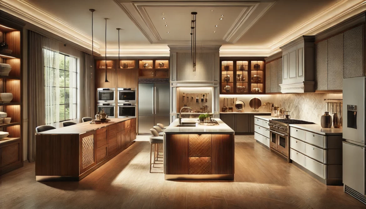 DALL·E 2024-12-03 19.37.25 – A premium kitchen showroom showcasing custom-made furniture. The scene features a variety of elegant kitchen designs with modern cabinets, central isl Gdzie zamówić najlepsze meble kuchenne na wymiar?