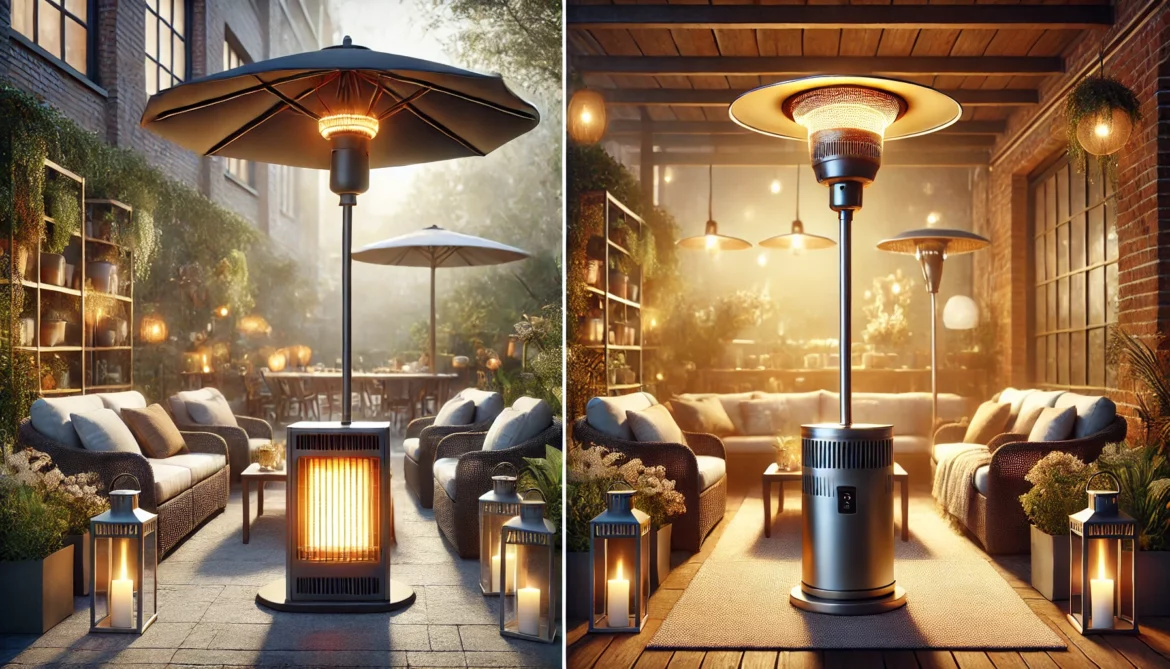 DALL·E 2024-12-03 19.53.42 – A horizontal image comparing two stylish gas patio heaters_ one is a tall, elegant parasol-style heater (Etna) with a modern design, and the other is Który model ogrzewacza tarasowego gazowego wybrać – Etna czy Watra 11?
