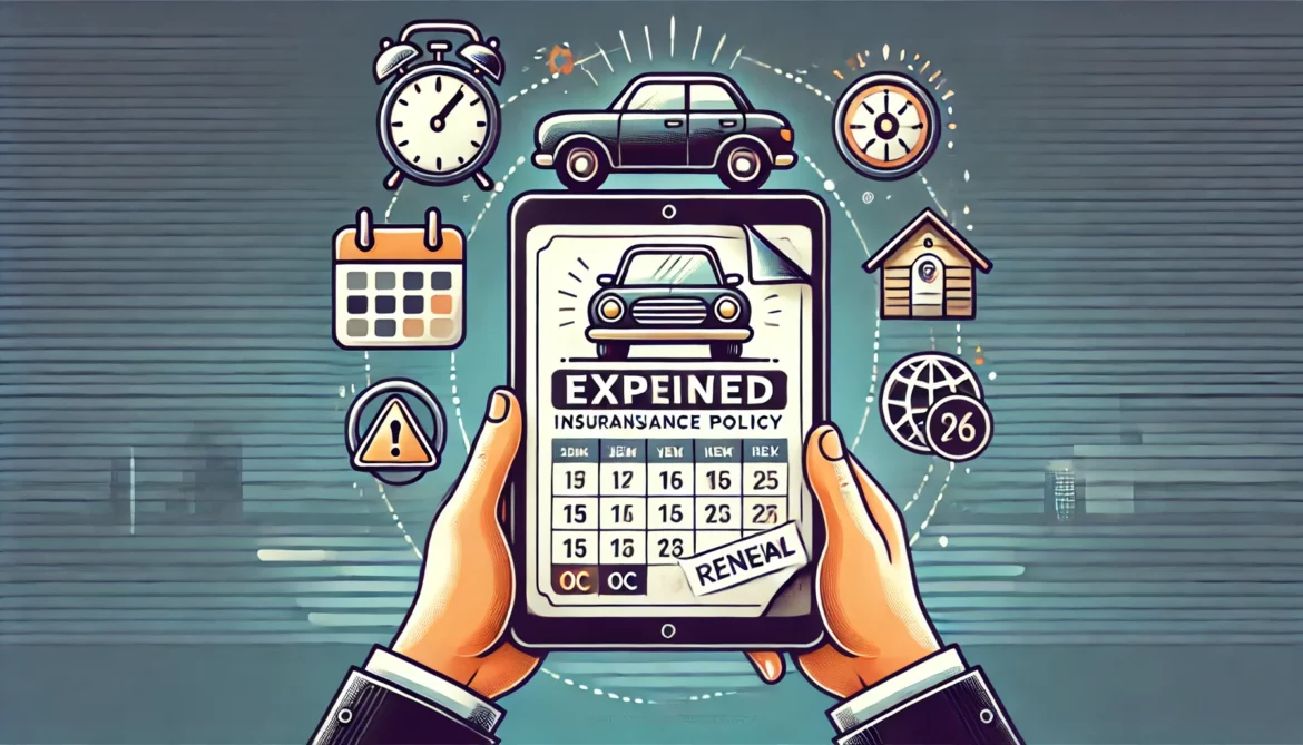 DALL·E 2024-12-05 17.44.30 – A horizontal illustration showing a car with an expired insurance policy document and icons for renewal, such as a calendar, a clock, and a warning si Co zrobić, gdy ubezpieczenie samochodu OC wygasa?
