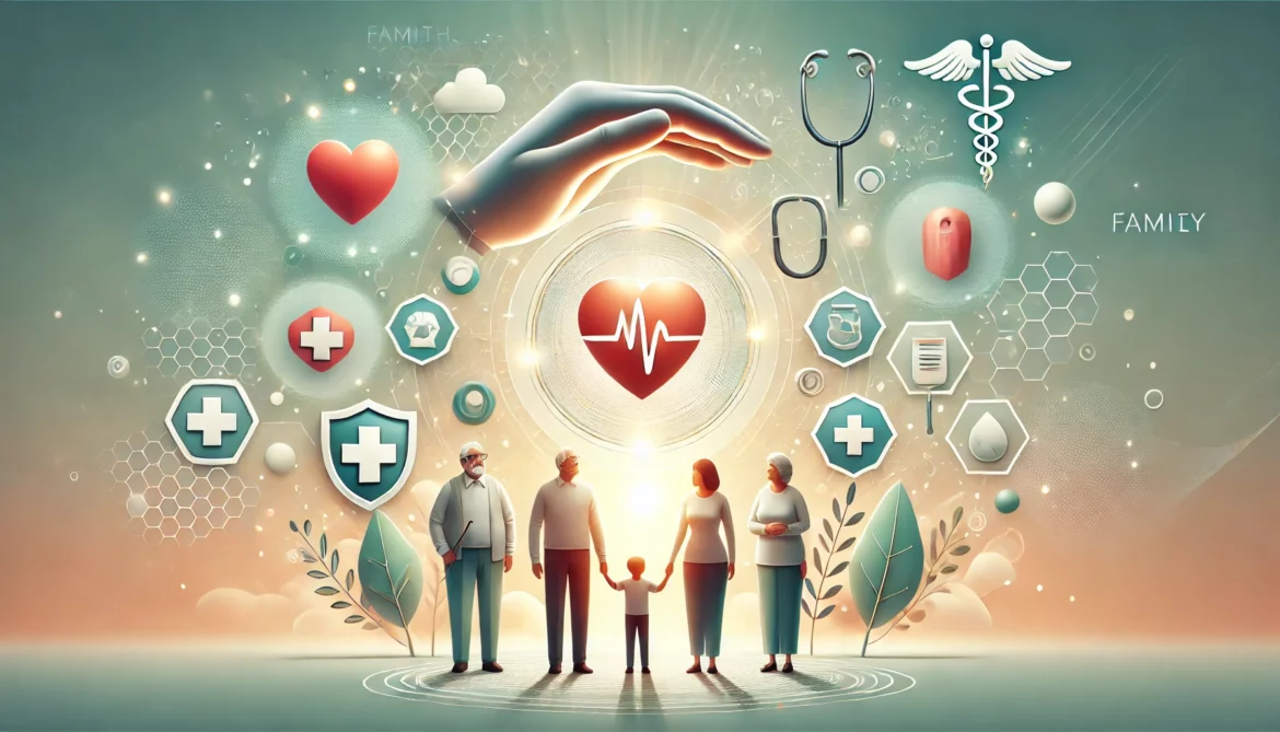 DALL·E 2025-04-08 17.04.06 – An artistic and symbolic illustration representing a family medical package. The scene shows a multi-generational family (grandparents, parents, and a Luxmed pakiet rodzinny – zdrowie w zasięgu ręki dla każdego domownika